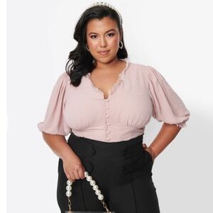 Unique Vintage Plus Size 1940s Pink Clip Dot Puff Sleeve Blouse 1X/16
